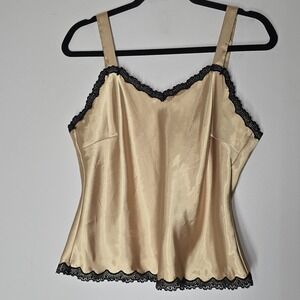 Gold Satin Camisole Top Black Lace Trim Y2K Lingerie Goth Fairycore Size 10